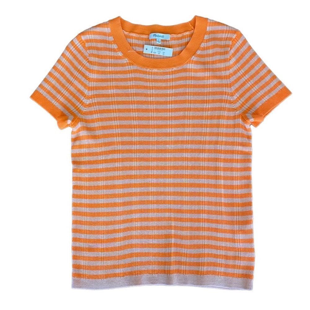 Madewell Ringer Sweater Tee in Neon Stripe Orange Tan Large NWT